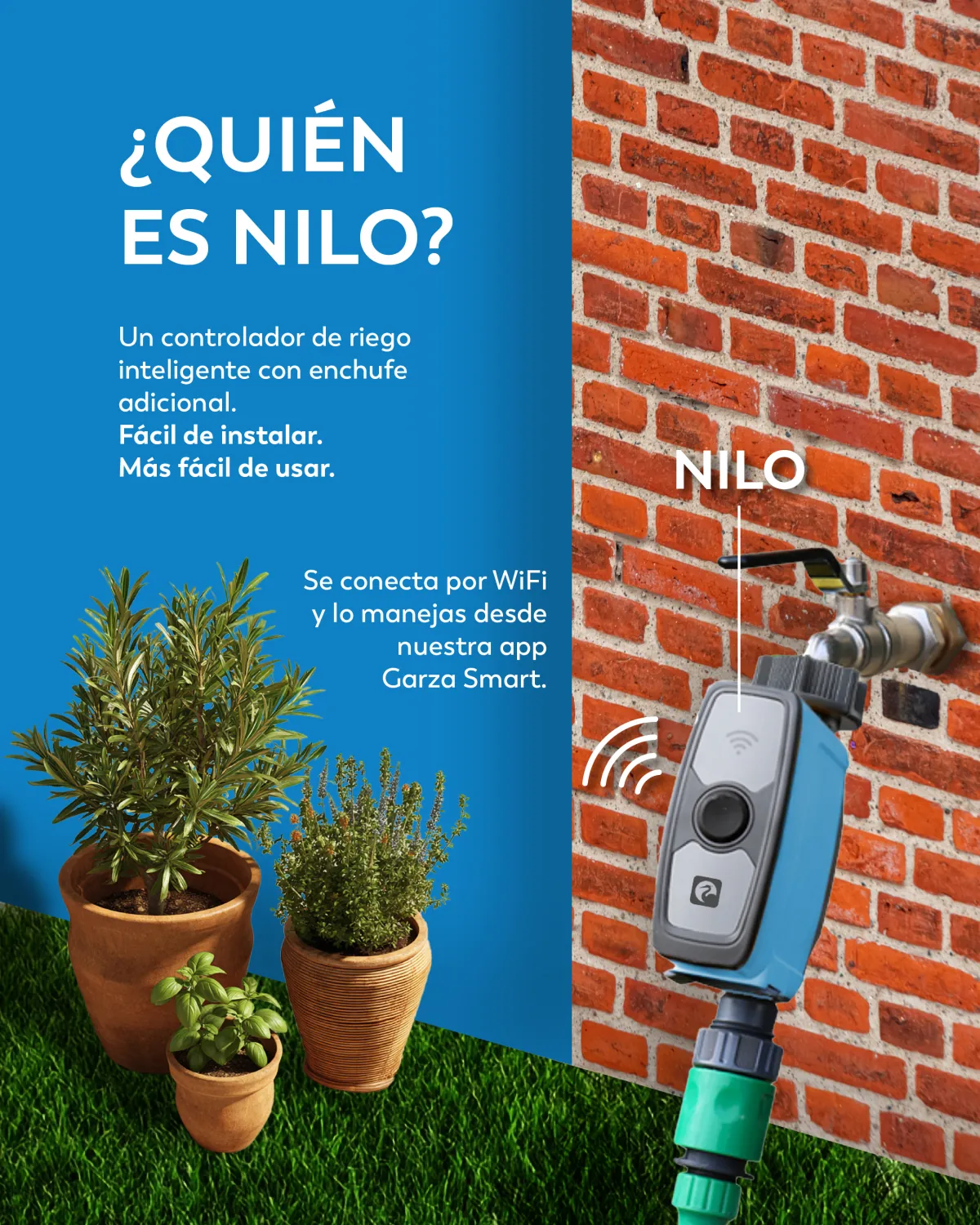 Lámina: qué es Nilo, un controlador de riego con enchufe adicional.