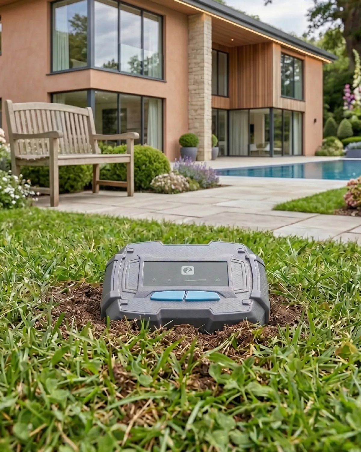 Pieza: un sensor de riego instalado en el césped de un jardín.