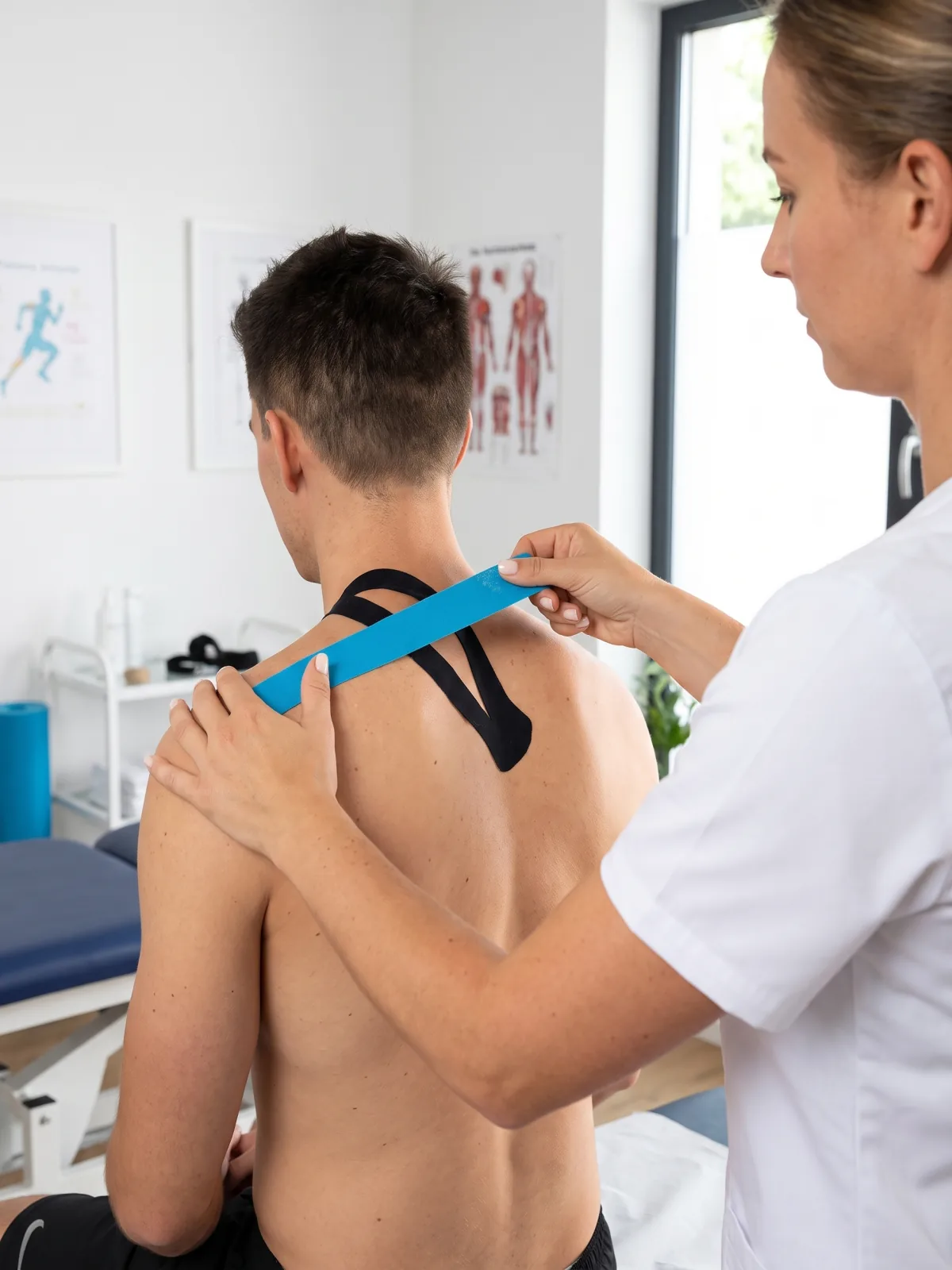 Una fisioterapeuta colocando vendaje neuromuscular en un hombro.
