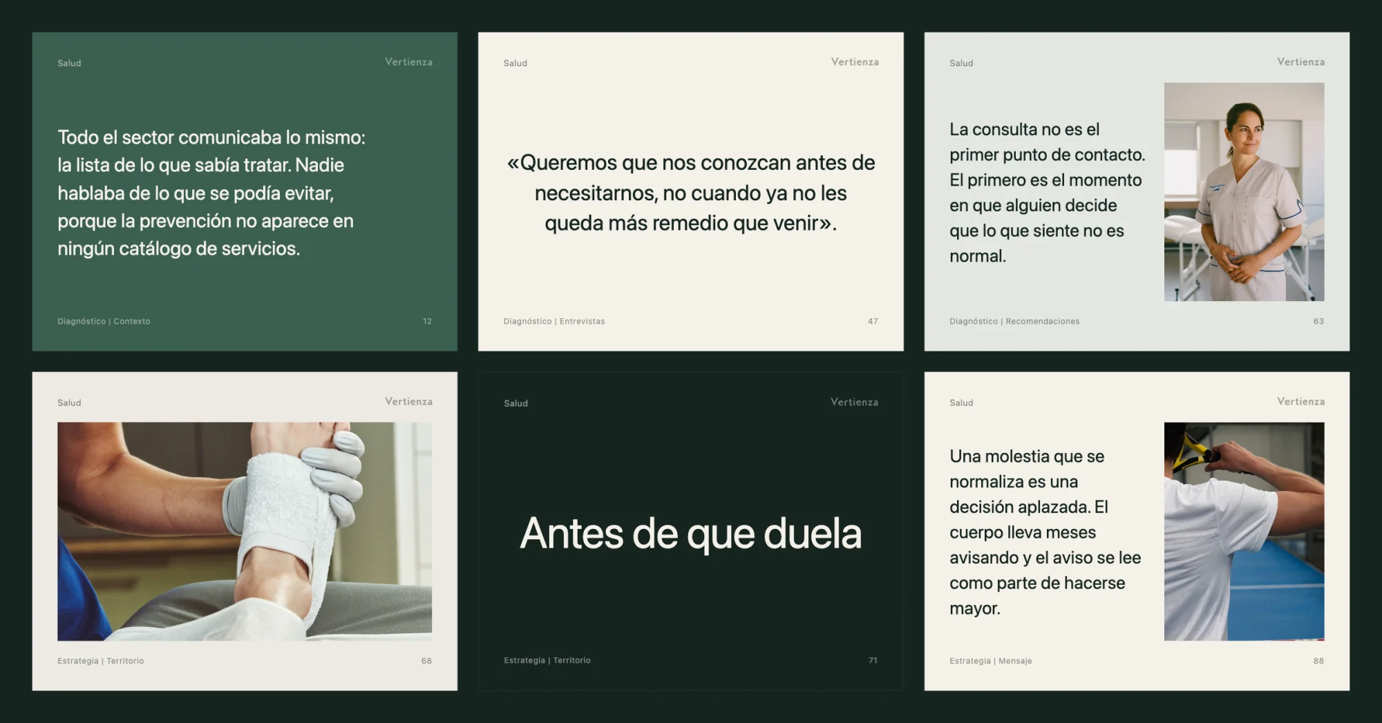 Seis láminas de la presentación: contexto, entrevistas, recomendaciones, territorio y mensaje.